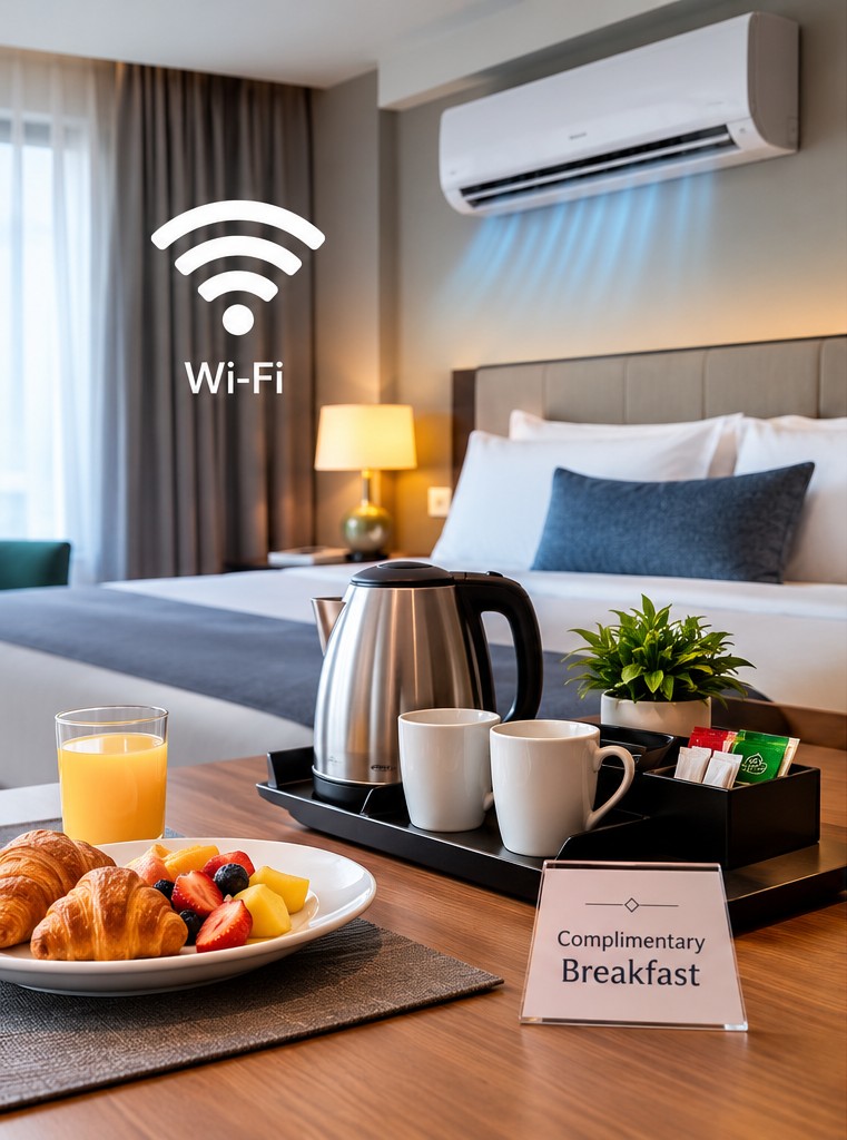 Complimentary breakfast plate with croissants, fruit and juice, Wi-Fi and air-conditioning in the room beyond