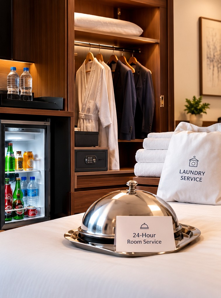 24-hour room service tray and laundry bag set on the bed, robes and suits in the wardrobe behind